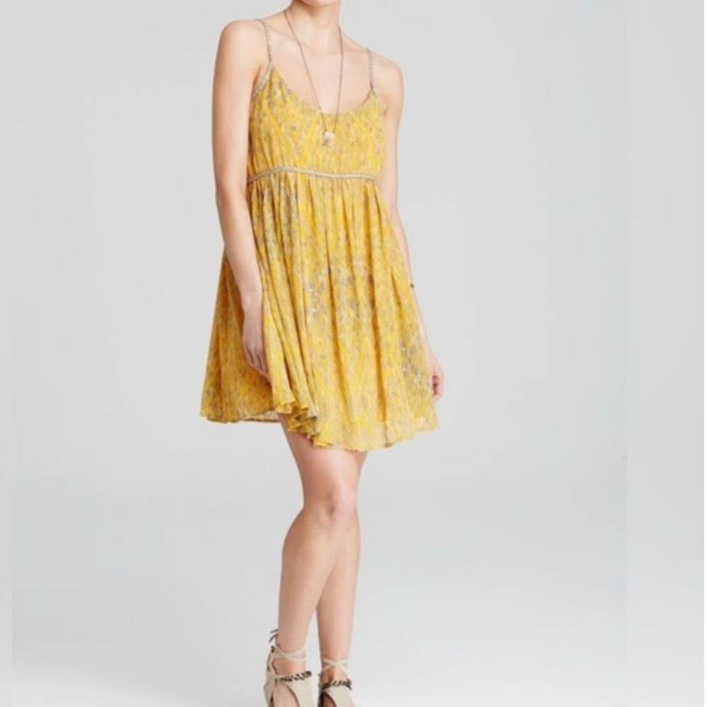 Free People Yellow Geometric Diamond Print Mini Dress Braided Straps Small
